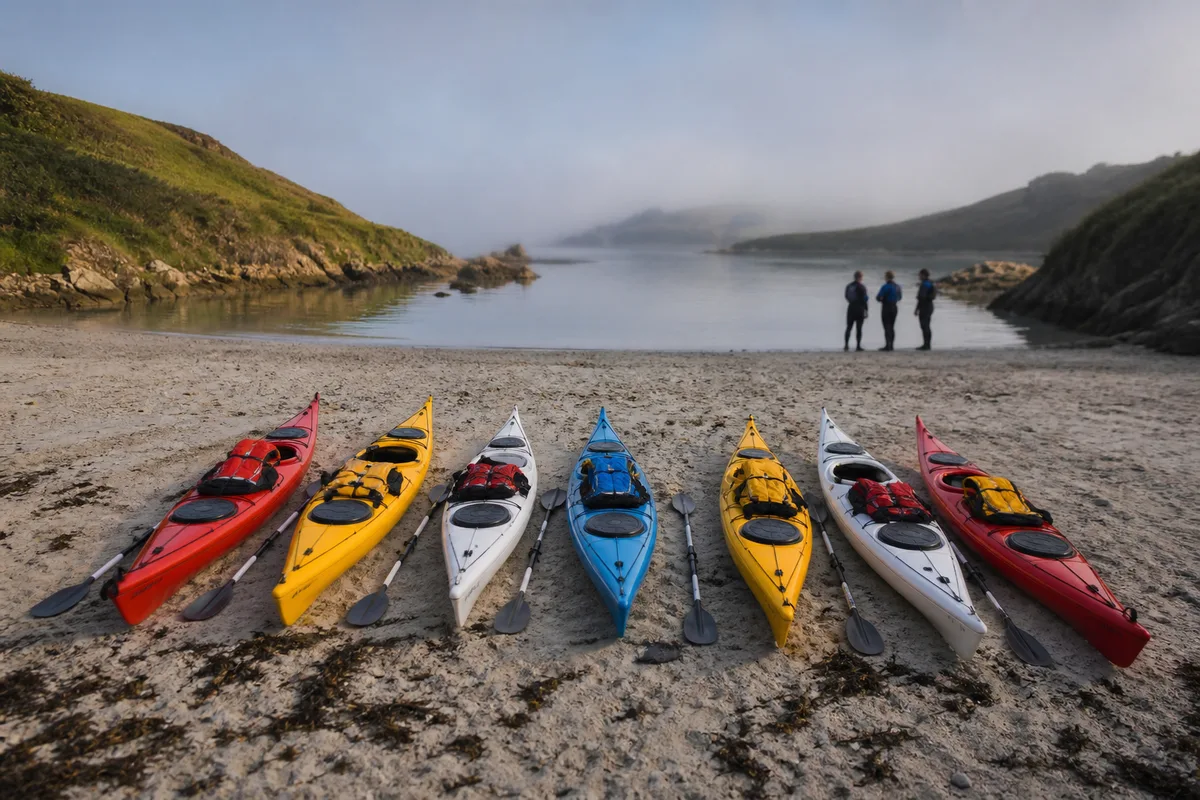 Groupe de kayaks de mer alignés sur une plage abritée avant une sortie encadrée